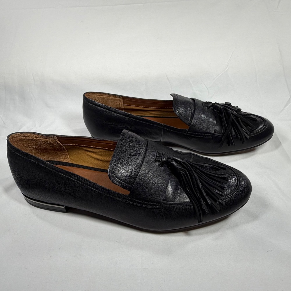 Franco Sarto Womens Black Leather Tassel Loafers Almond Toe Flats Size 9M - Picture 6 of 8